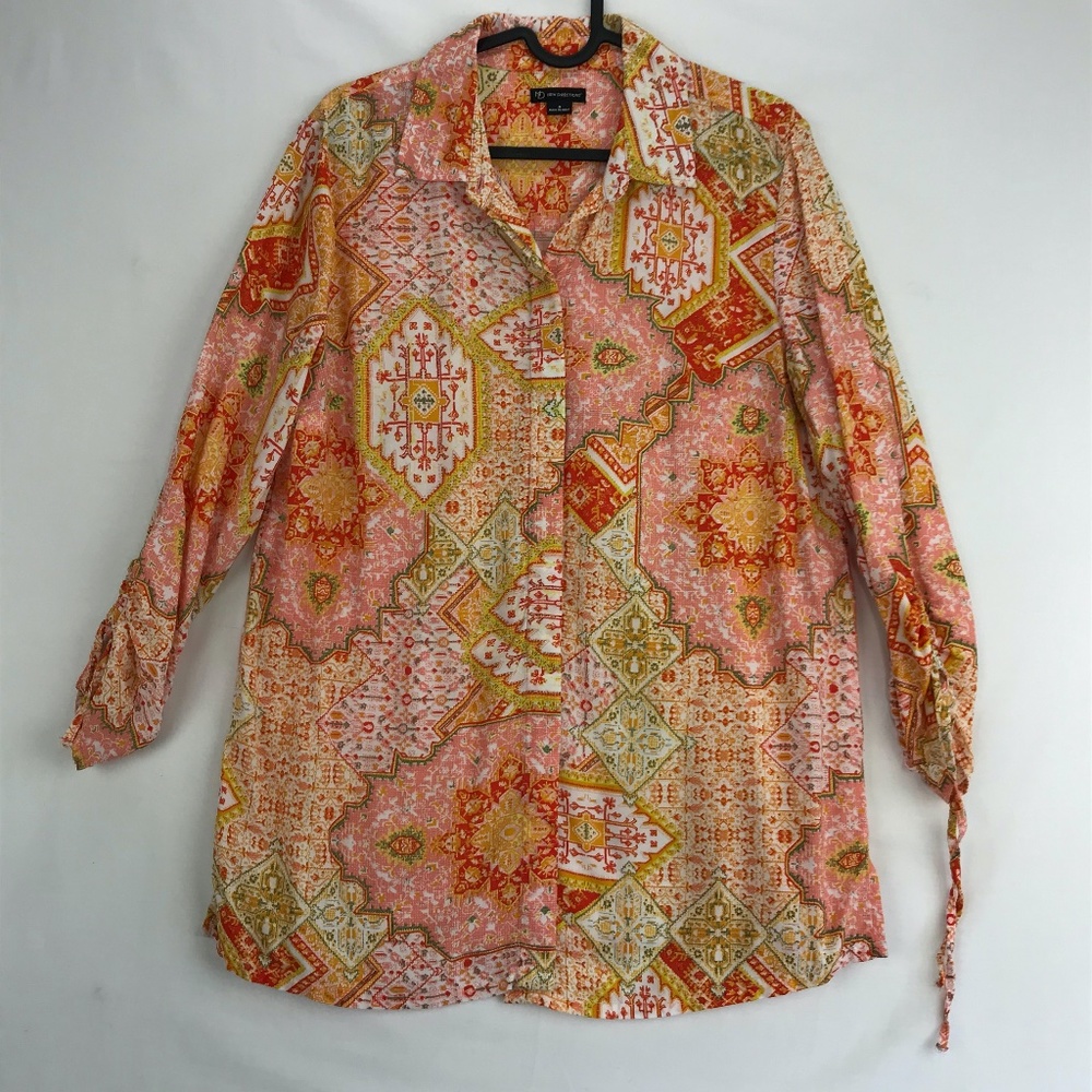 New Directions Womens Small Tunic Blouse Pink Orange Button Up 3/4 Sleeves Rayon